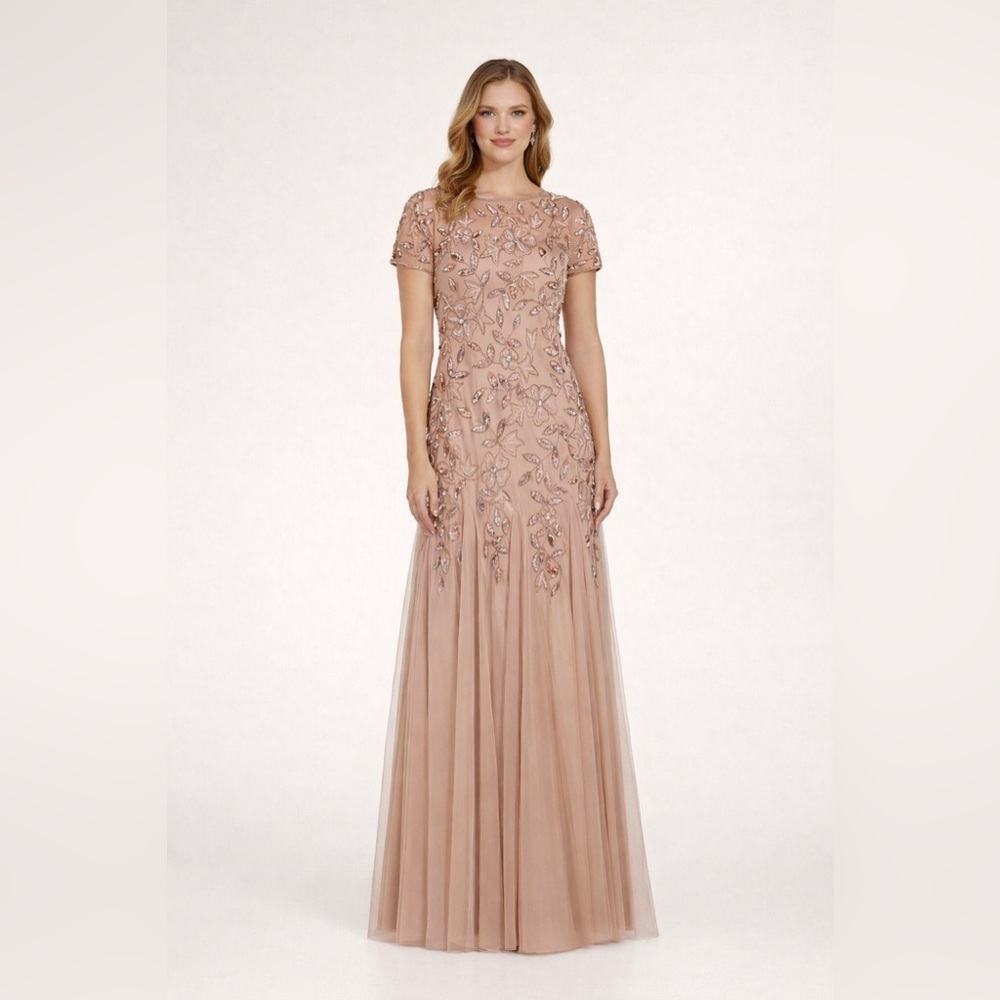 Adrianna Papell Beaded Rose Gold Gown SZ 8 NWT Rose Gold Sequin Tulle Formal MOB